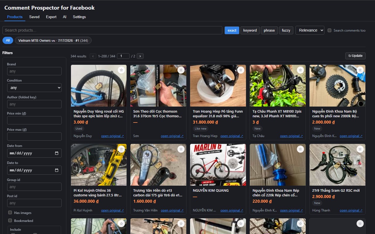 Comment Prospector for Facebook — dashboard search view